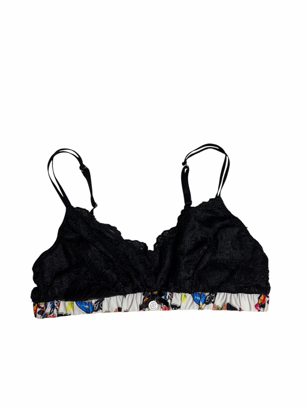 Christian Lacroix black lace nylon bralette with colorful butterfly trim size L